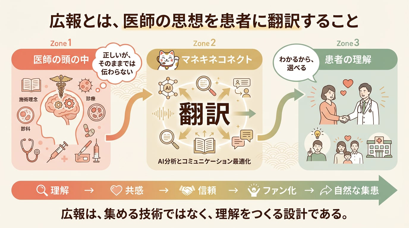 なぜ広報が医師の負担になるのか - 医師の思想、翻訳の壁、患者の理解度の関係図